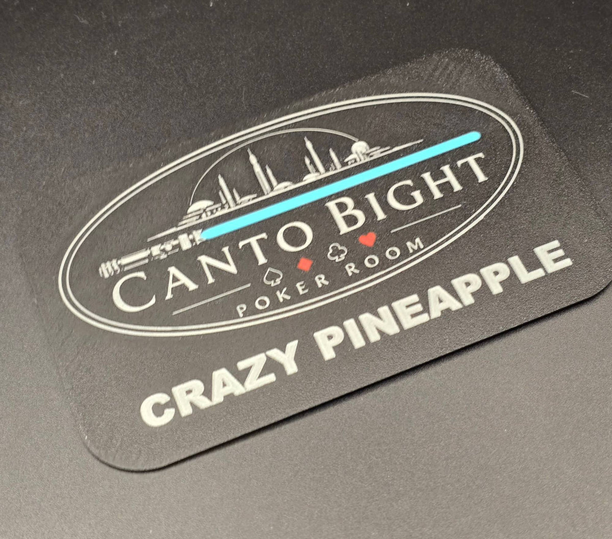Black rectangle poker mix game plaque with a custom Canto Bight Poker Room logo and the game name Crazy Pineapple, example of a custom logo plaque