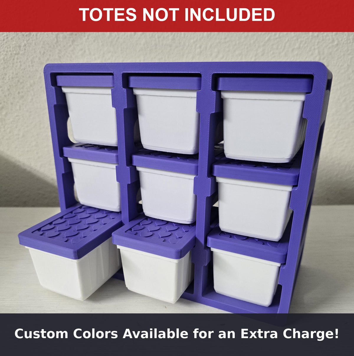 Purple mounting rack loaded with white totes and purple lids, example custom color combo, totes not included with this listing