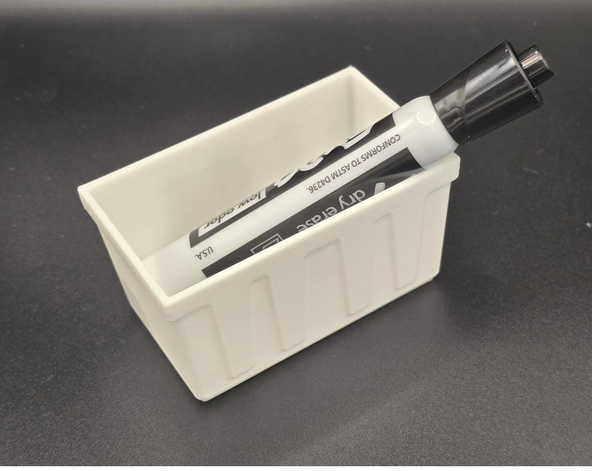 White 3D printed mini tote bin with dry erase marker for scale, no lid