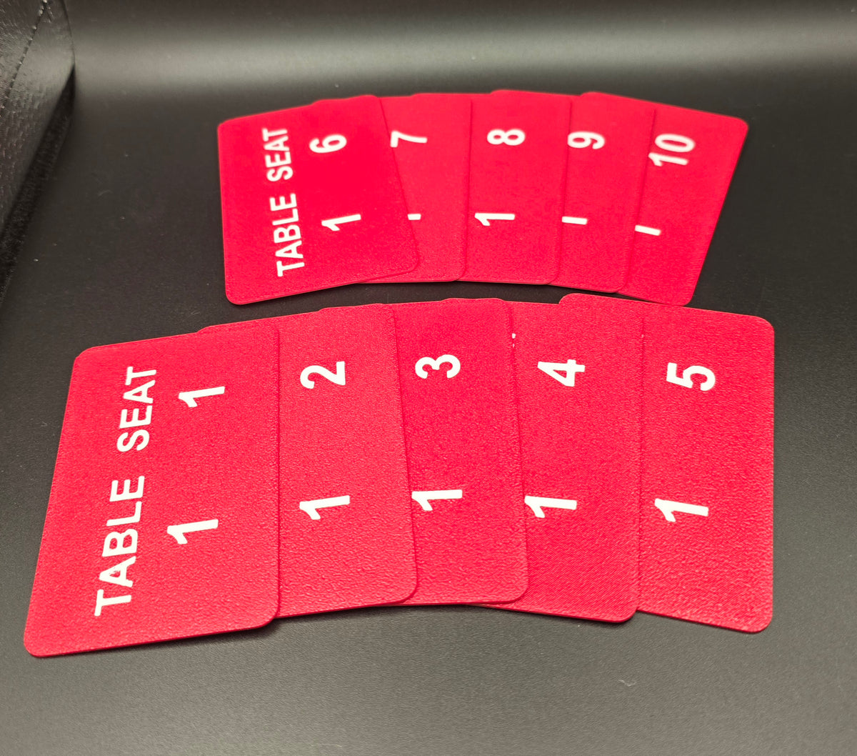 Poker seat cards, Table 1 seats 1 to 10, 3D printed in maroon